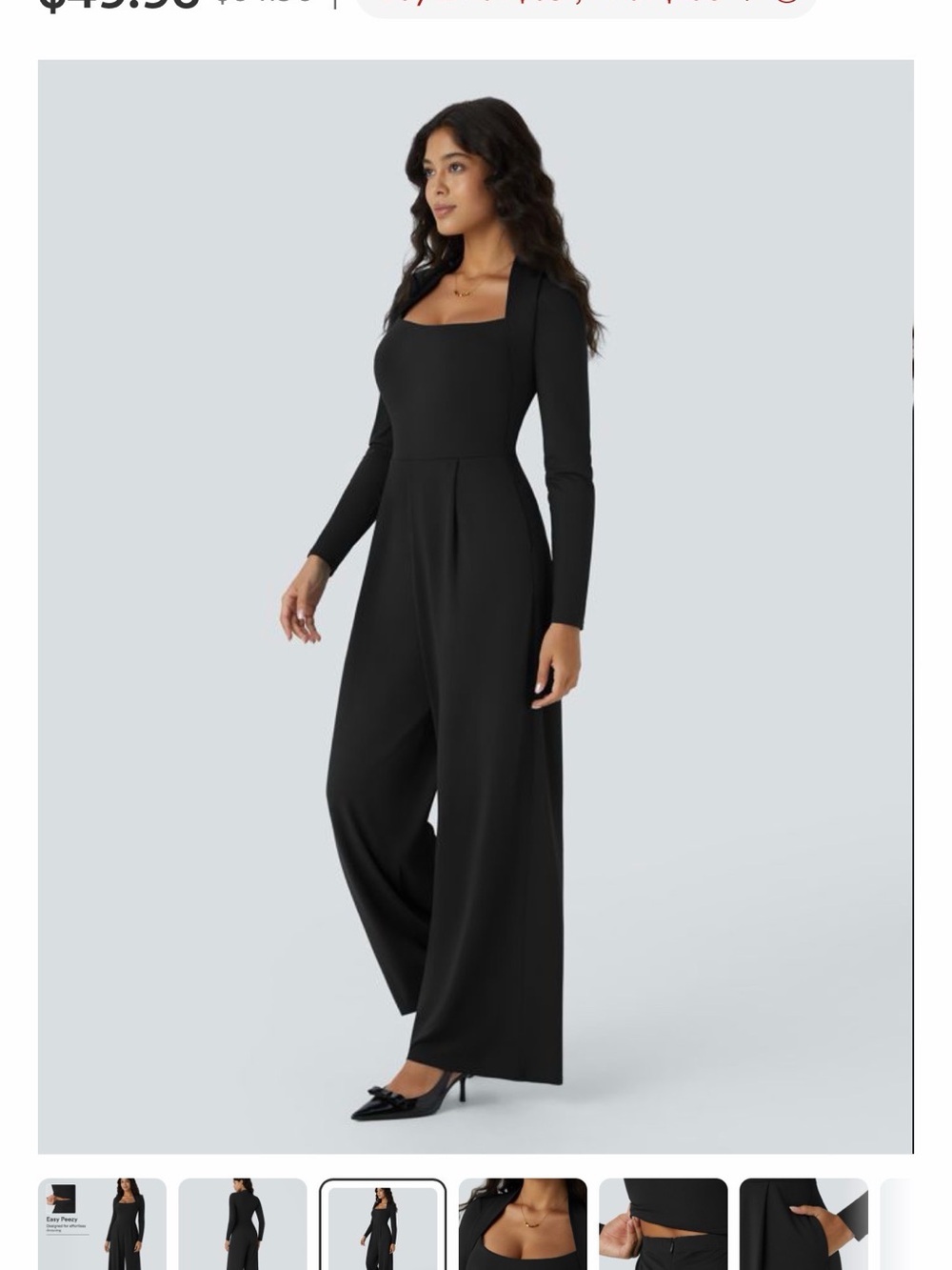 HALARA Black Long-Sleeve Square-Neck Wide-Leg Jumpsuit